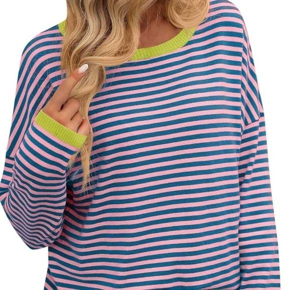 Sweaters - Pink blue green striped pull over loose knit sweater size large cotton